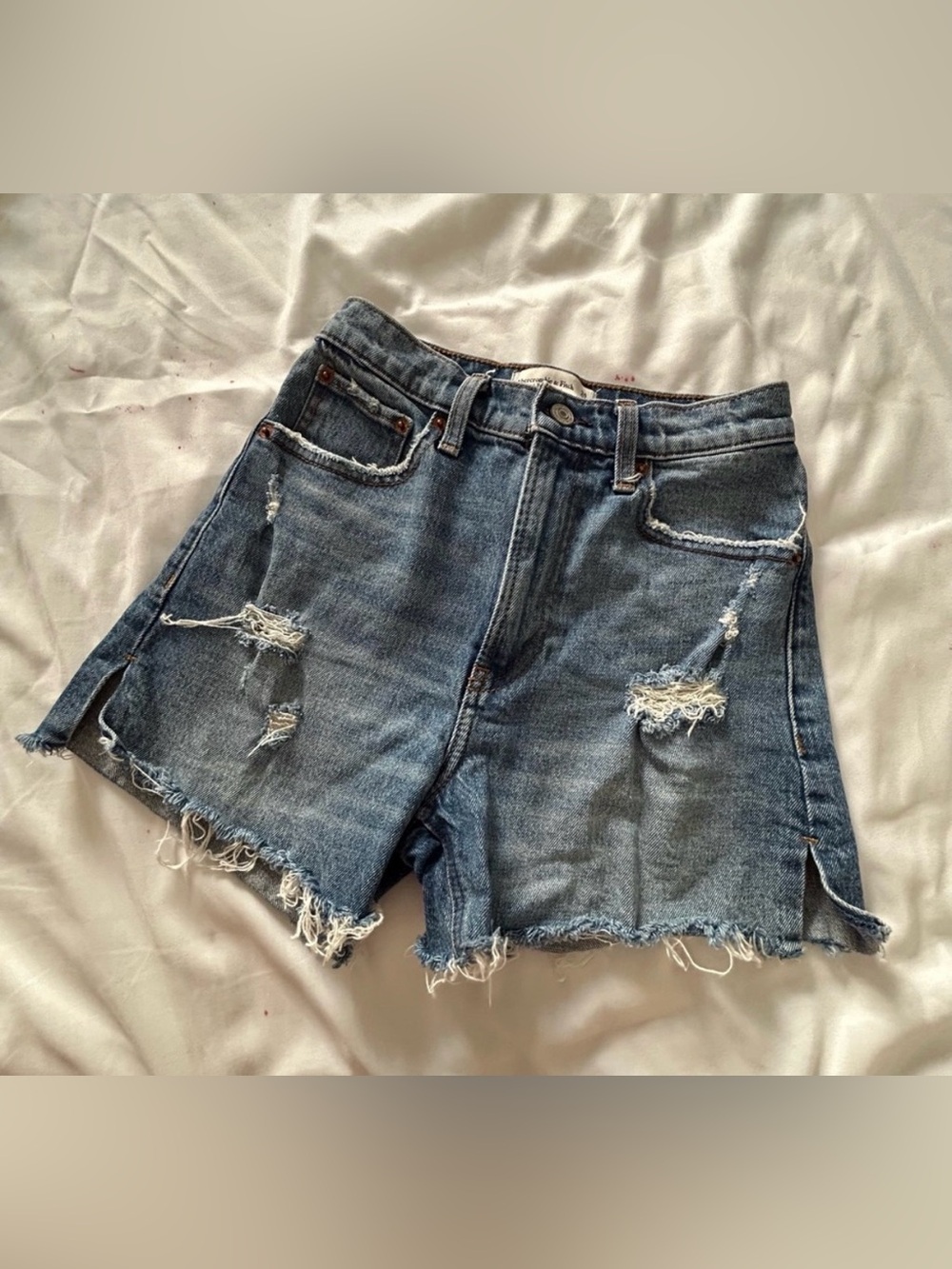 Abercrombie & Fitch Distressed High Rise 4” Blue Denim Jean Shorts